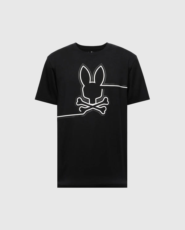 The MENS CHESTER GRAPHIC TEE - B6U022D200 from Psycho Bunny features a centered white outline of a bunny head above crossed bones on black Pima cotton.