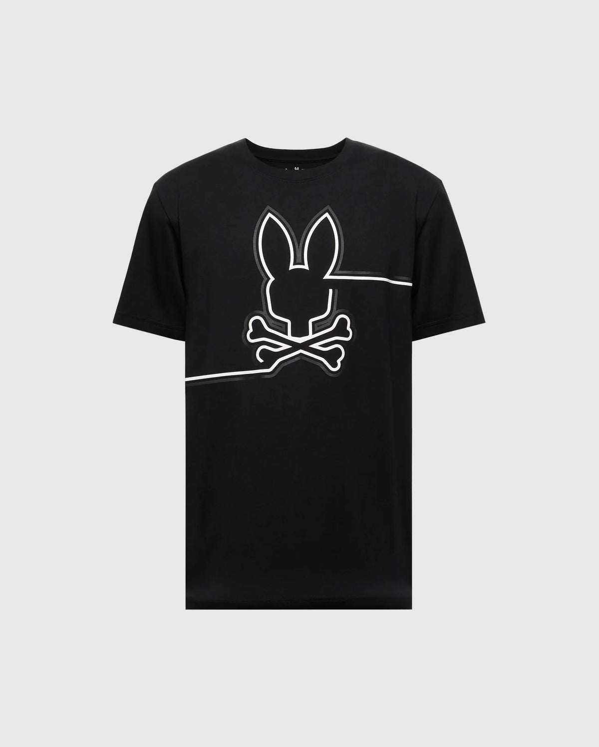 The MENS CHESTER GRAPHIC TEE - B6U022D200 from Psycho Bunny features a centered white outline of a bunny head above crossed bones on black Pima cotton.