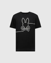 The MENS CHESTER GRAPHIC TEE - B6U022D200 from Psycho Bunny features a centered white outline of a bunny head above crossed bones on black Pima cotton.