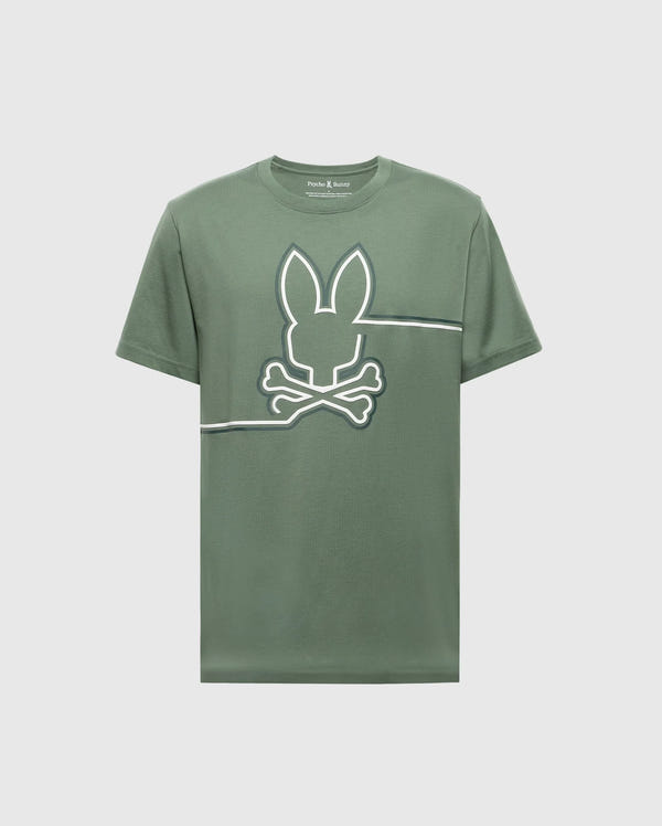 The MENS CHESTER GRAPHIC TEE - B6U022D200 by Psycho Bunny is a green premium Pima Cotton T-shirt from Peru, featuring a stylized rabbit's head and crossed bones logo intersected by two parallel lines on the front.