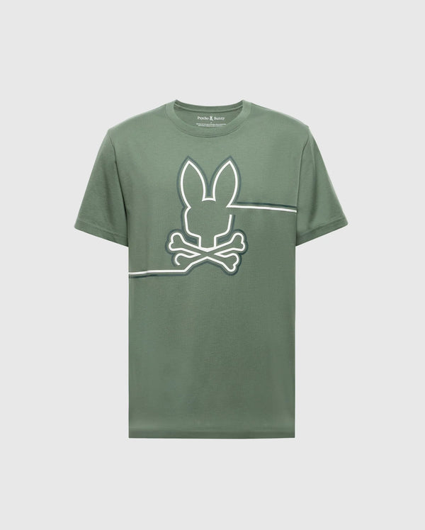 The MENS CHESTER GRAPHIC TEE - B6U022D200 by Psycho Bunny is a green premium Pima Cotton T-shirt from Peru, featuring a stylized rabbit's head and crossed bones logo intersected by two parallel lines on the front.