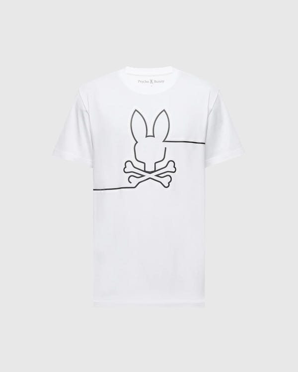 The Psycho Bunny MENS CHESTER GRAPHIC TEE - B6U022D200 is a white T-shirt crafted from 100% Pima cotton, featuring a line drawing of a bunny skull and crossbones on the front. Made in Peru.
