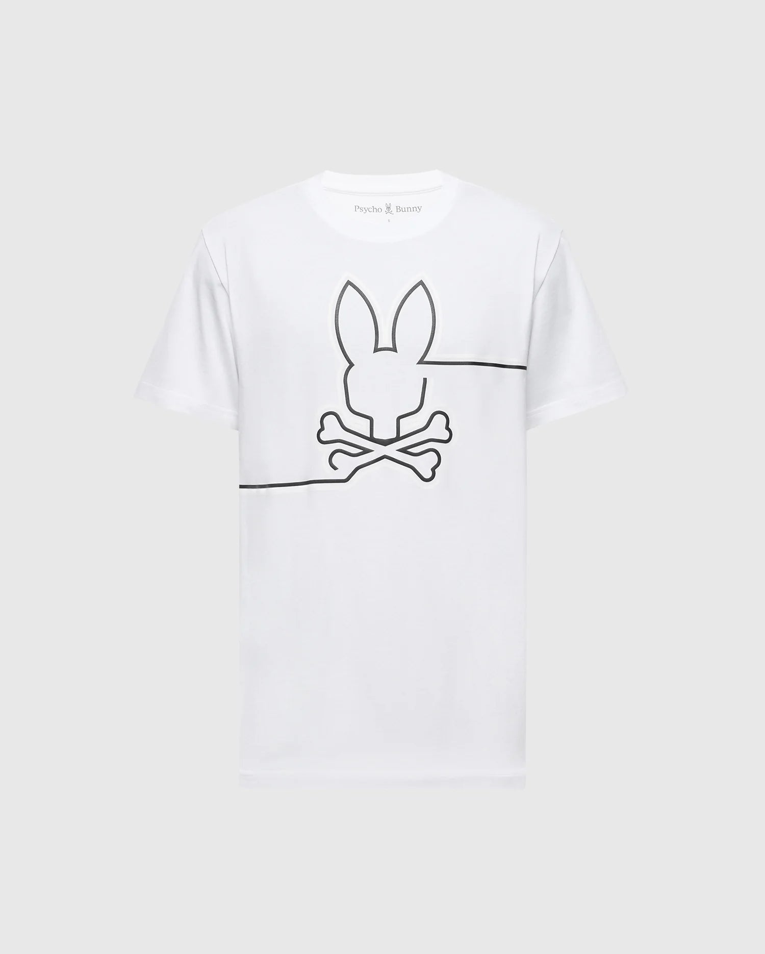 The Psycho Bunny MENS CHESTER GRAPHIC TEE - B6U022D200 is a white T-shirt crafted from 100% Pima cotton, featuring a line drawing of a bunny skull and crossbones on the front. Made in Peru.