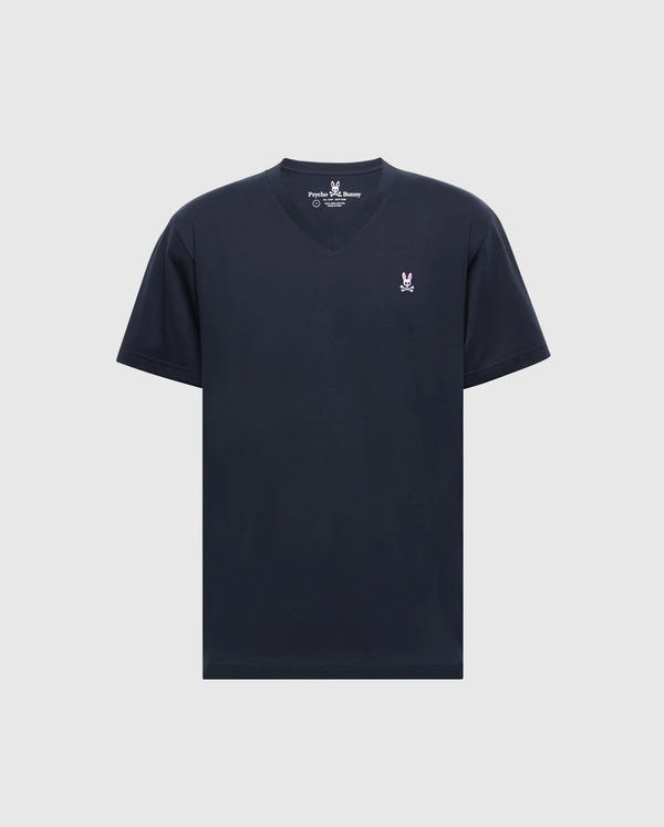The Psycho Bunny Men's Classic V-Neck Tee (B6U100ARPC) is a plain black, short-sleeved shirt made from soft Pima cotton. It includes a small white embroidered rabbit logo on the left chest set against a light gray background.