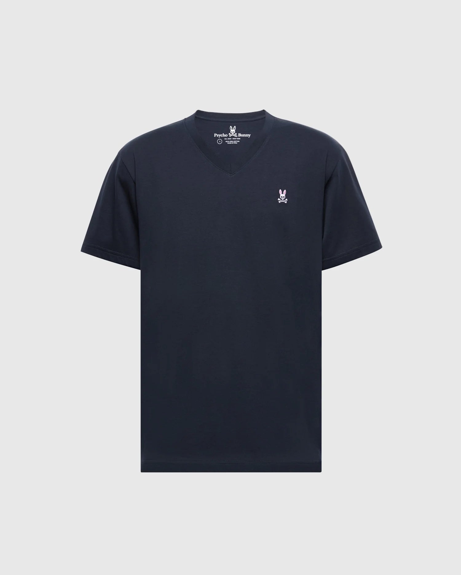 The Psycho Bunny Men's Classic V-Neck Tee (B6U100ARPC) is a plain black, short-sleeved shirt made from soft Pima cotton. It includes a small white embroidered rabbit logo on the left chest set against a light gray background.