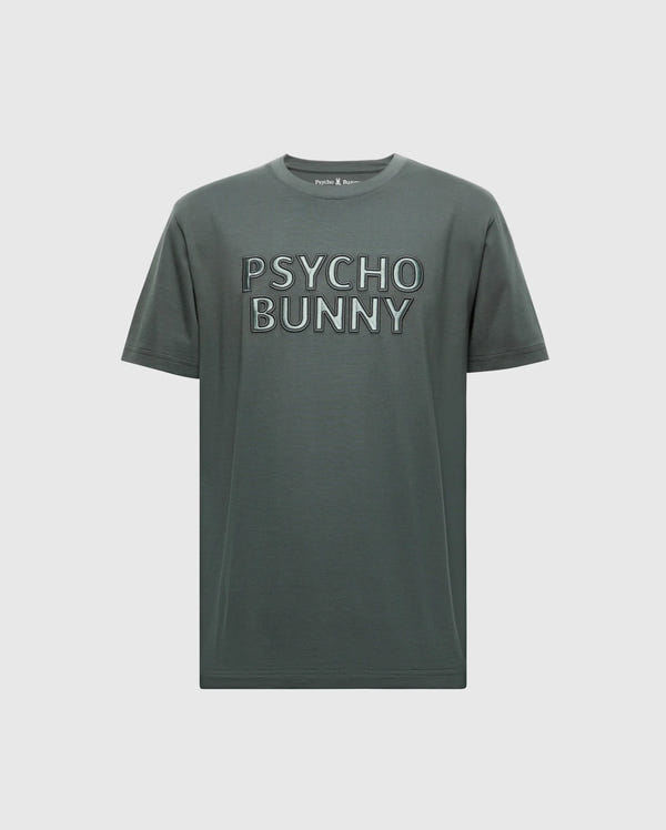 Introducing the MENS PIERCE EMBROIDERED GRAPHIC TEE - B6U116E200 from Psycho Bunny, a stylish gray tee with the "Psycho Bunny" design prominently embroidered on the front. This shirt features a classic crew neck and is made from luxurious Pima Cotton for unmatched comfort.