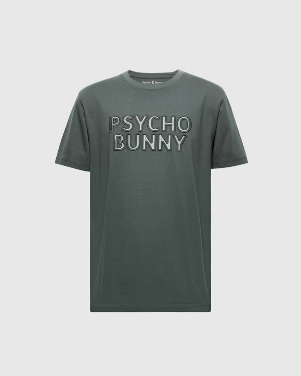 Introducing the MENS PIERCE EMBROIDERED GRAPHIC TEE - B6U116E200 from Psycho Bunny, a stylish gray tee with the "Psycho Bunny" design prominently embroidered on the front. This shirt features a classic crew neck and is made from luxurious Pima Cotton for unmatched comfort.
