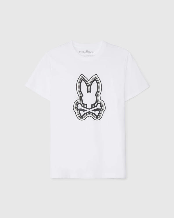 White t-shirt crafted from Pima cotton, featuring a black and white outlined graphic of a stylized bunny face centered on the chest area. The Psycho Bunny MENS MAYBROOK GRAPHIC TEE - B6U130B2TS is displayed against a plain background.