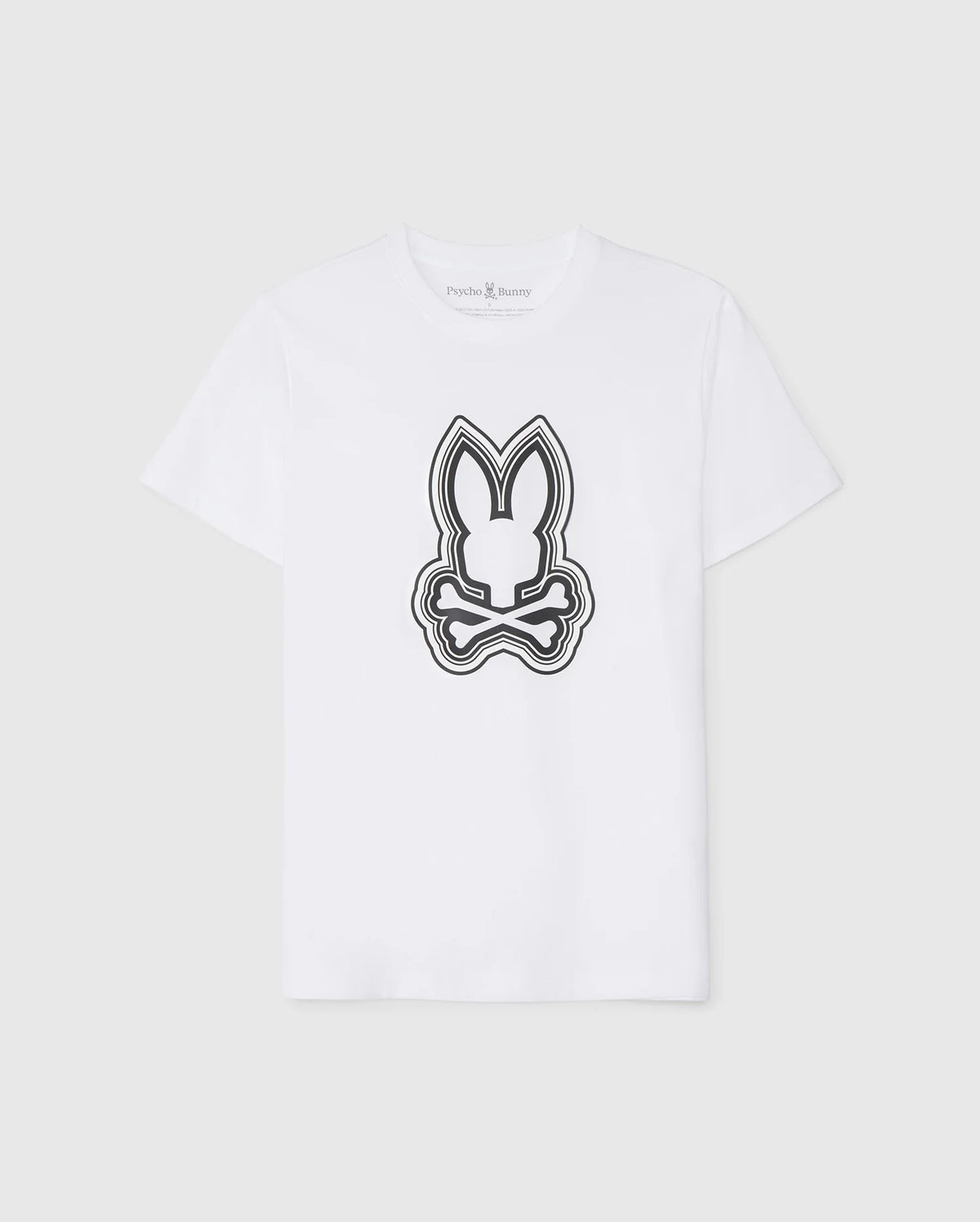 White t-shirt crafted from Pima cotton, featuring a black and white outlined graphic of a stylized bunny face centered on the chest area. The Psycho Bunny MENS MAYBROOK GRAPHIC TEE - B6U130B2TS is displayed against a plain background.