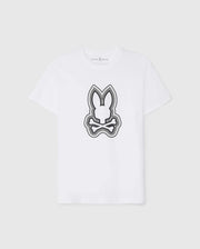White t-shirt crafted from Pima cotton, featuring a black and white outlined graphic of a stylized bunny face centered on the chest area. The Psycho Bunny MENS MAYBROOK GRAPHIC TEE - B6U130B2TS is displayed against a plain background.