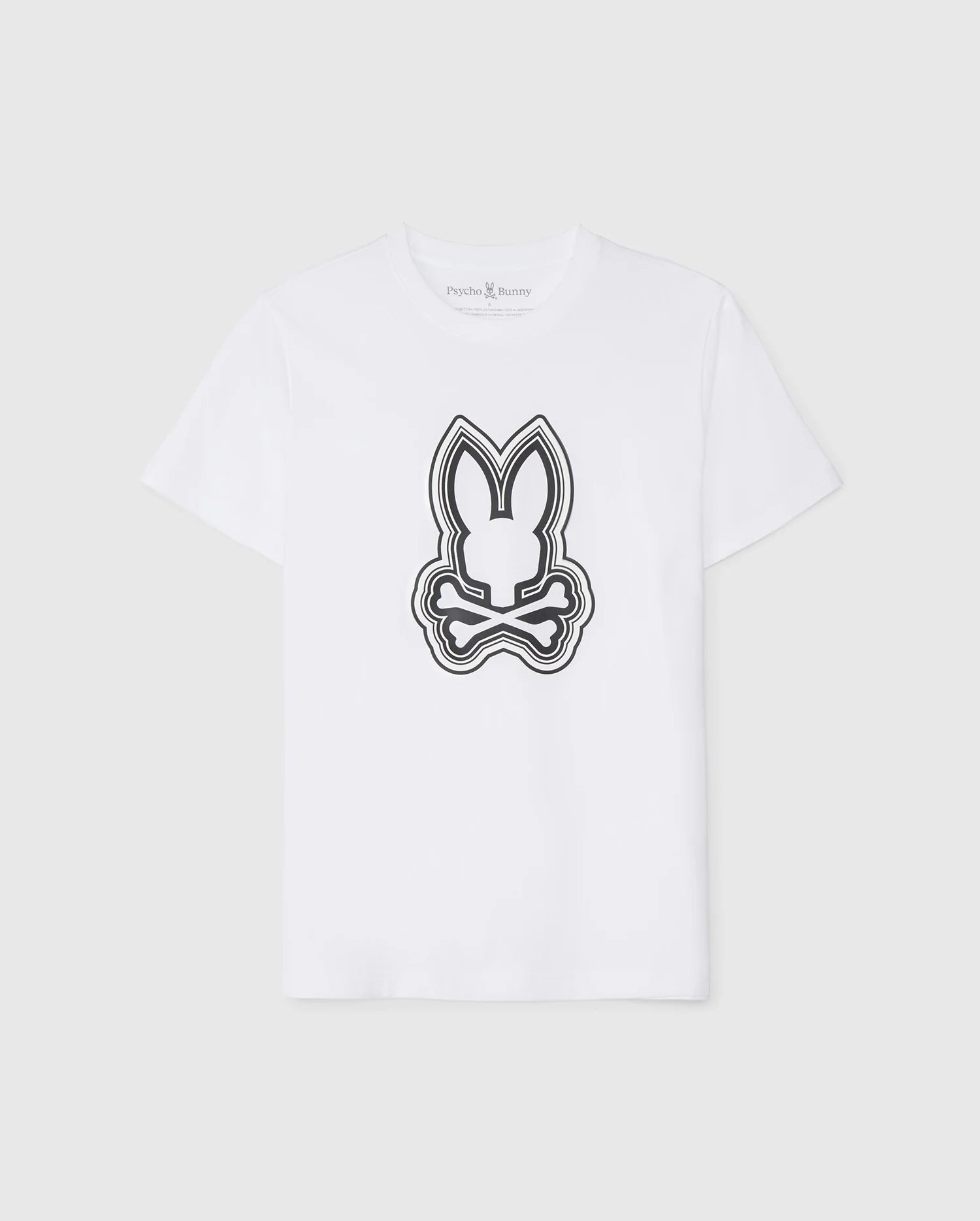 White t-shirt crafted from Pima cotton, featuring a black and white outlined graphic of a stylized bunny face centered on the chest area. The Psycho Bunny MENS MAYBROOK GRAPHIC TEE - B6U130B2TS is displayed against a plain background.