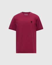The Psycho Bunny MENS BRANSON FASHION TEE - B6U137E200 is a trendsetting maroon T-shirt made from high-quality Pima cotton, adorned with a subtle embroidered logo on the upper left side. Its plain white background enhances the stylish allure of this lightweight tee.