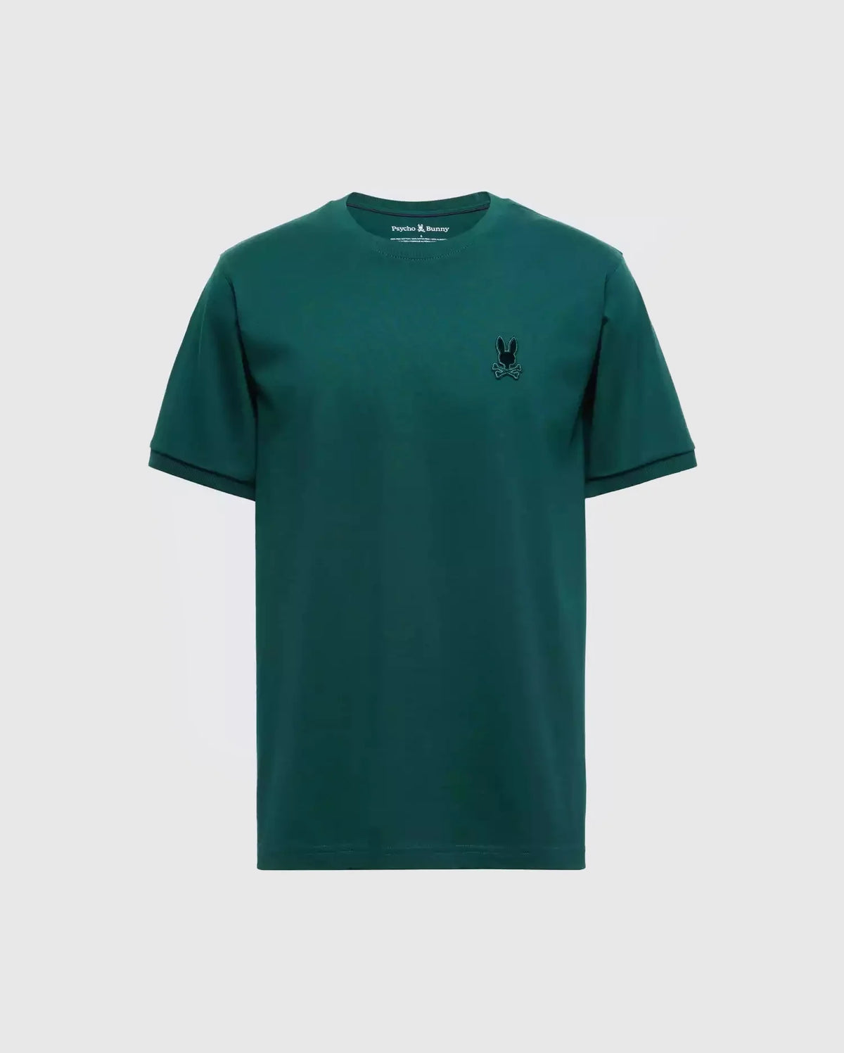 The Psycho Bunny Men's Branson Fashion Tee - B6U137E200 is a premium quality, lightweight T-shirt in dark green. It features a small, embroidered black logo with ears on the left chest, short sleeves, and a crew neck. Set against a light gray background, it epitomizes style and sophistication.