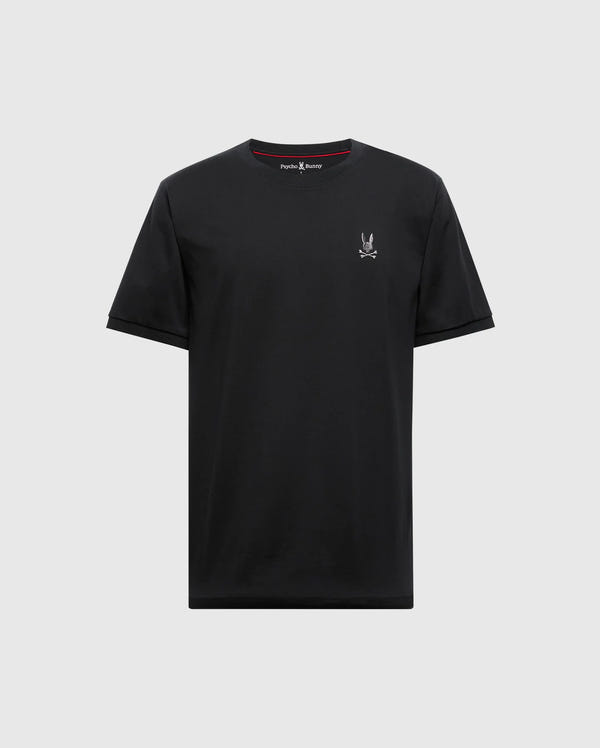 The MENS ALEXANDER FASHION TEE - B6U139E200 by Psycho Bunny is a chic black T-shirt made from luxurious Pima cotton. It features the brand's iconic small white stylized animal logo on the left chest, highlighting its premium quality. This men's fashion tee is showcased against a plain background.