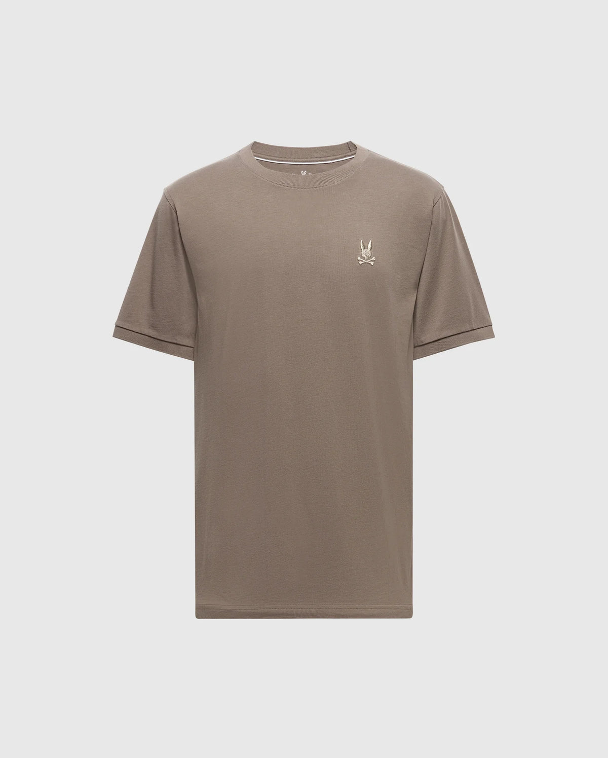 The MENS ALEXANDER FASHION TEE - B6U139E200 by Psycho Bunny is an exquisite men's Pima cotton T-shirt in plain brown. It showcases a small embroidered bird logo on the upper left chest area. Set against a light backdrop, this tee represents premium quality men's fashion with its elegant simplicity.