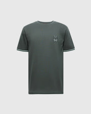 The MENS PIERCE FASHION TEE - B6U140E200 by Psycho Bunny is a dark green men's tee accented with a small embroidered rabbit logo on the upper left corner. Made from premium Pima cotton, it combines comfort and style, featuring white and green striped trim on the sleeves for a chic casual fashion statement.