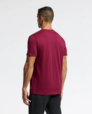 A man stands with his back to the camera wearing a Psycho Bunny MENS ALEXANDER GRAPHIC TEE - B6U163E200 in maroon, adorned with intricate Lurex details, complemented by sleek black pants against a plain white background.