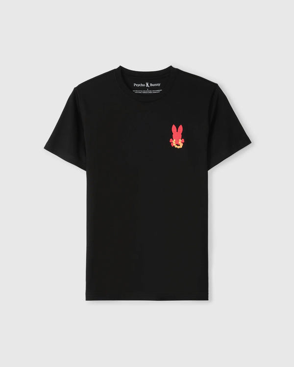 Introducing the Psycho Bunny Men's Hawaii City Tee in black, crafted from soft Pima cotton. This urban-edged T-shirt showcases a small pink bunny and yellow skull logo on the upper left chest against a plain backdrop.