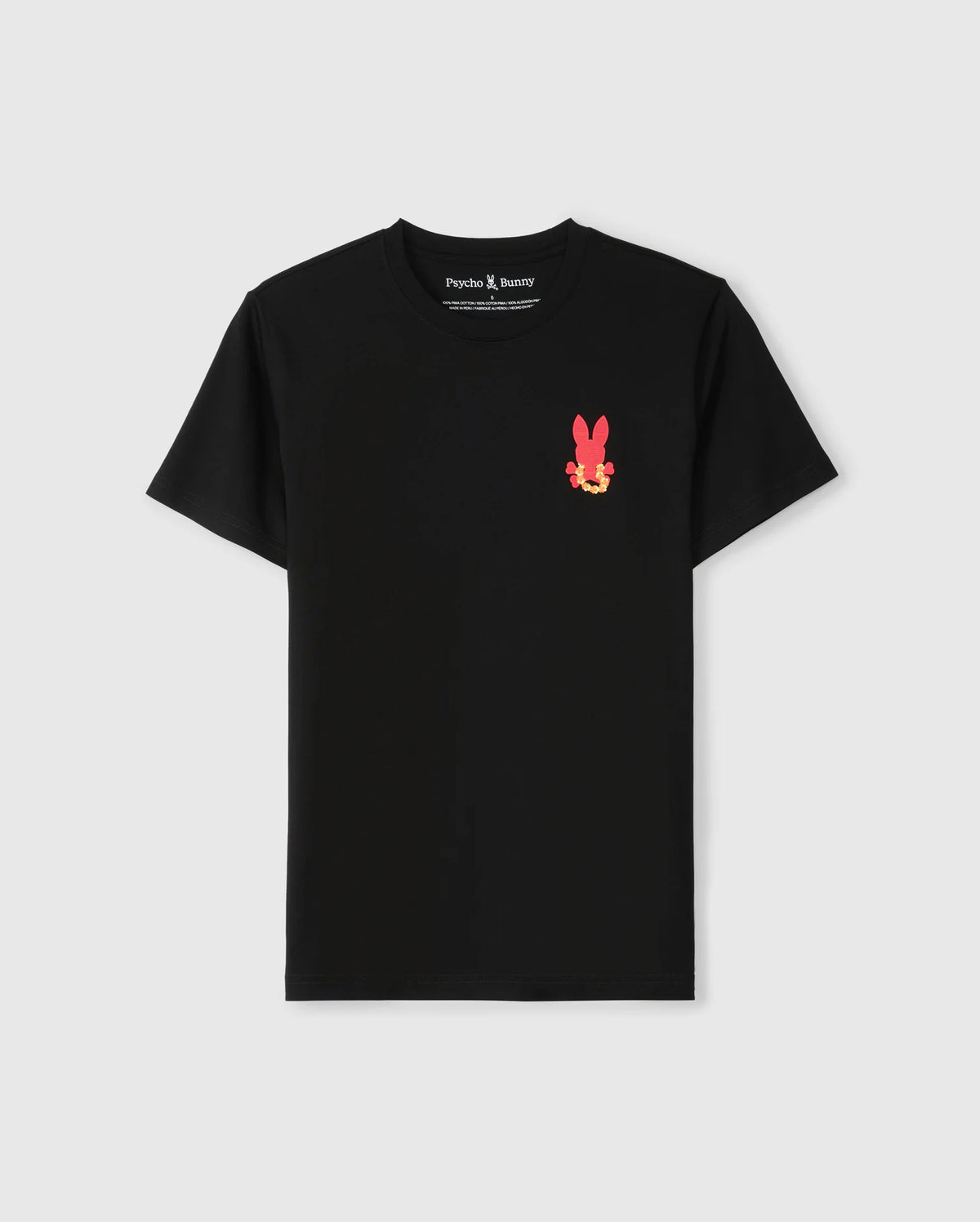 Introducing the Psycho Bunny Men's Hawaii City Tee in black, crafted from soft Pima cotton. This urban-edged T-shirt showcases a small pink bunny and yellow skull logo on the upper left chest against a plain backdrop.