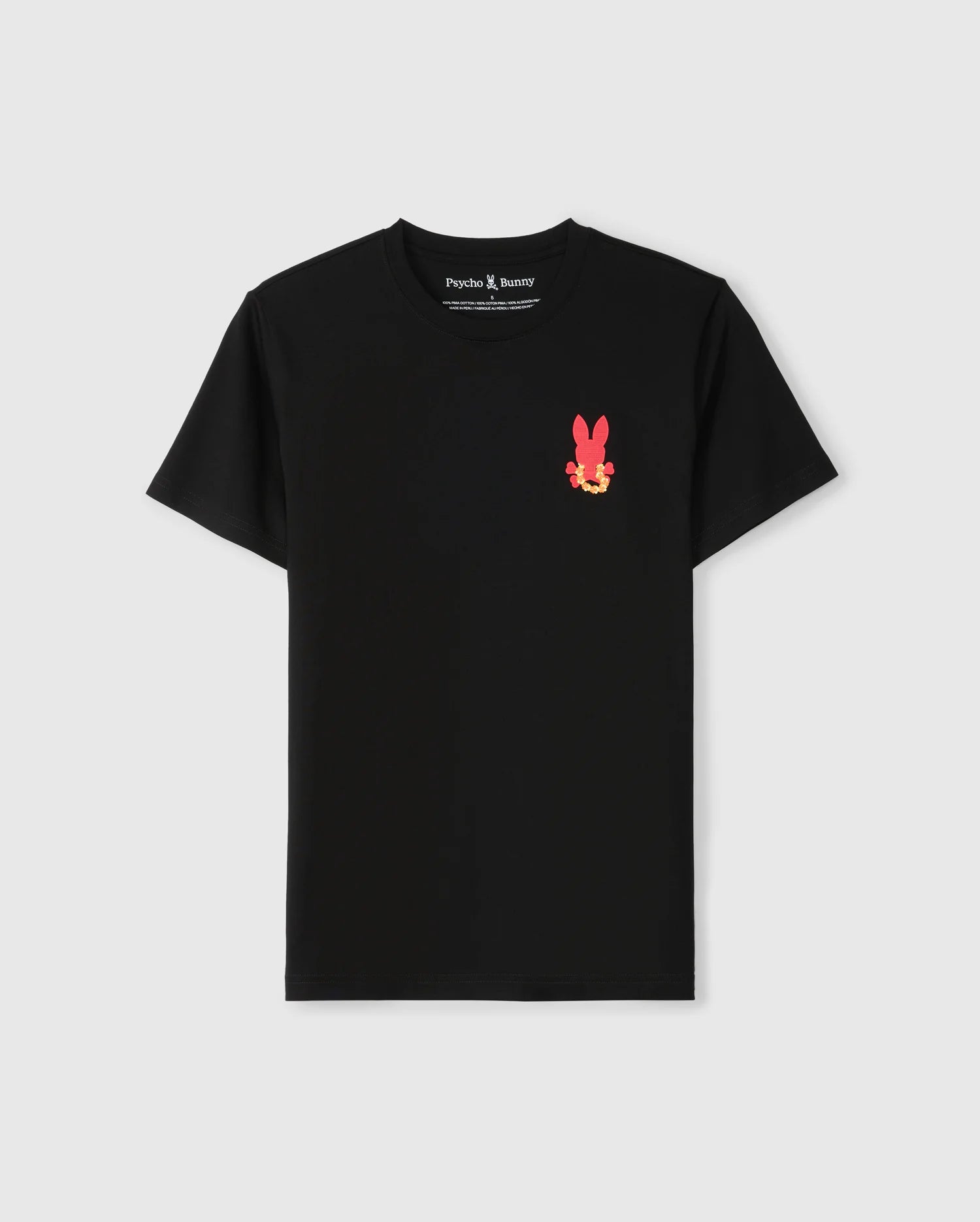 Introducing the Psycho Bunny Men's Hawaii City Tee in black, crafted from soft Pima cotton. This urban-edged T-shirt showcases a small pink bunny and yellow skull logo on the upper left chest against a plain backdrop.