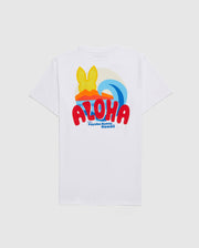 The MENS HAWAII CITY TEE - B6U169Y1PC, crafted from soft Pima cotton jersey, features a colorful "Aloha" design on the back. The large red lettering is set against a playful graphic pattern of a sunset, ocean wave, and bunny ears. Below the design, "Psycho Bunny Hawaii" is printed for added charm.