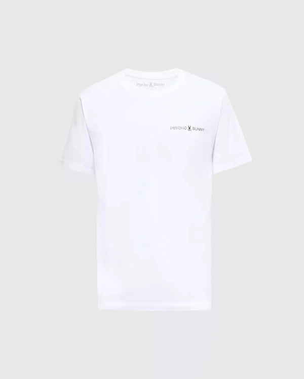 The MENS LONGMONT GRAPHIC TEE - B6U194E200 from Psycho Bunny showcases the iconic logo and name on the chest, beautifully highlighted against a plain gray backdrop. Made with premium Pima Cotton, this white T-shirt provides exceptional comfort, making it perfect for any casual men's wardrobe.