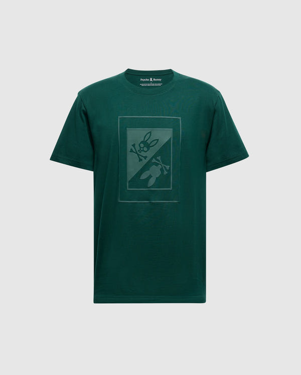 The Psycho Bunny Men's Dotsero Graphic Tee (B6U197E200) in green features a distinctive rectangular design on the front, highlighting a subtle graphic of a knife and bunny with crossed bones. It is crafted from soft Peruvian Pima Cotton for ultimate comfort.