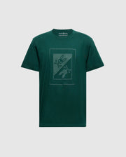 The Psycho Bunny Men's Dotsero Graphic Tee (B6U197E200) in green features a distinctive rectangular design on the front, highlighting a subtle graphic of a knife and bunny with crossed bones. It is crafted from soft Peruvian Pima Cotton for ultimate comfort.