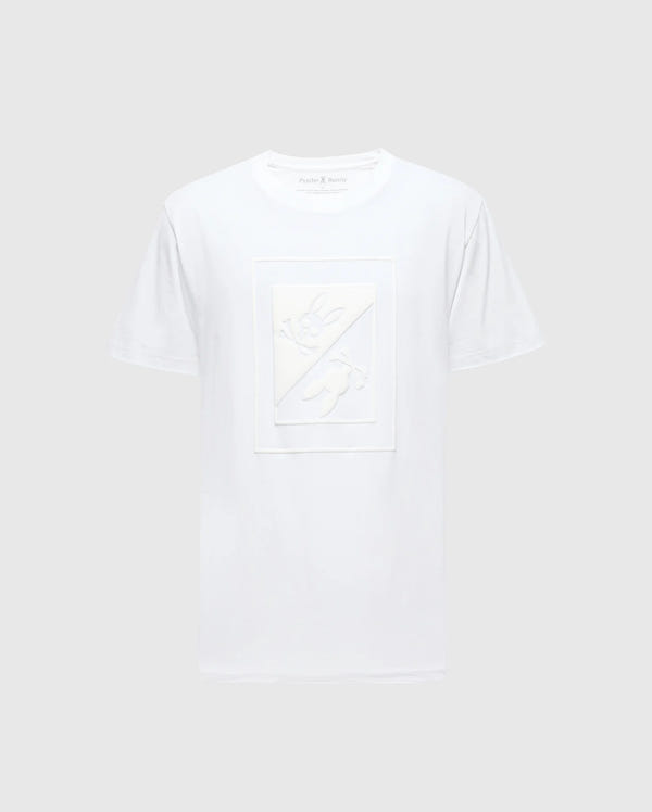 Introducing the MENS DOTSER GRAPHIC TEE - B6U197E200 from Psycho Bunny: This white Pima Cotton Tee features a subtle rectangular design in the center, showcasing abstract shapes in a slightly lighter shade on a neutral gray background. It's an ideal choice for graphic tee enthusiasts seeking both comfort and style.