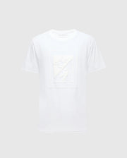 Introducing the MENS DOTSER GRAPHIC TEE - B6U197E200 from Psycho Bunny: This white Pima Cotton Tee features a subtle rectangular design in the center, showcasing abstract shapes in a slightly lighter shade on a neutral gray background. It's an ideal choice for graphic tee enthusiasts seeking both comfort and style.
