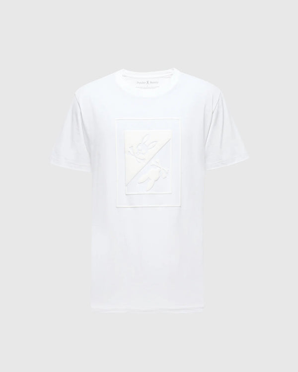 Introducing the MENS DOTSER GRAPHIC TEE - B6U197E200 from Psycho Bunny: This white Pima Cotton Tee features a subtle rectangular design in the center, showcasing abstract shapes in a slightly lighter shade on a neutral gray background. It's an ideal choice for graphic tee enthusiasts seeking both comfort and style.