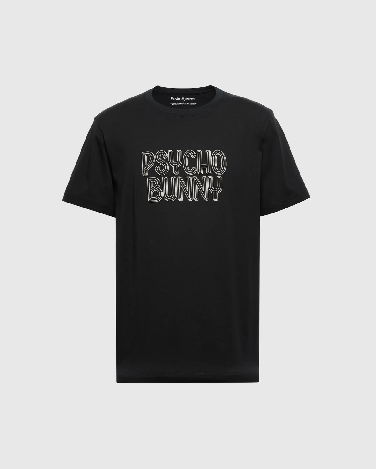 The MENS MONARC WORDMARK GRAPHIC TEE - B6U210E200 by Psycho Bunny is made from 100% Pima cotton for a luxurious touch. It presents "Psycho Bunny" in bold white letters on the front of this regular fit black t-shirt, elegantly set against a light gray background.