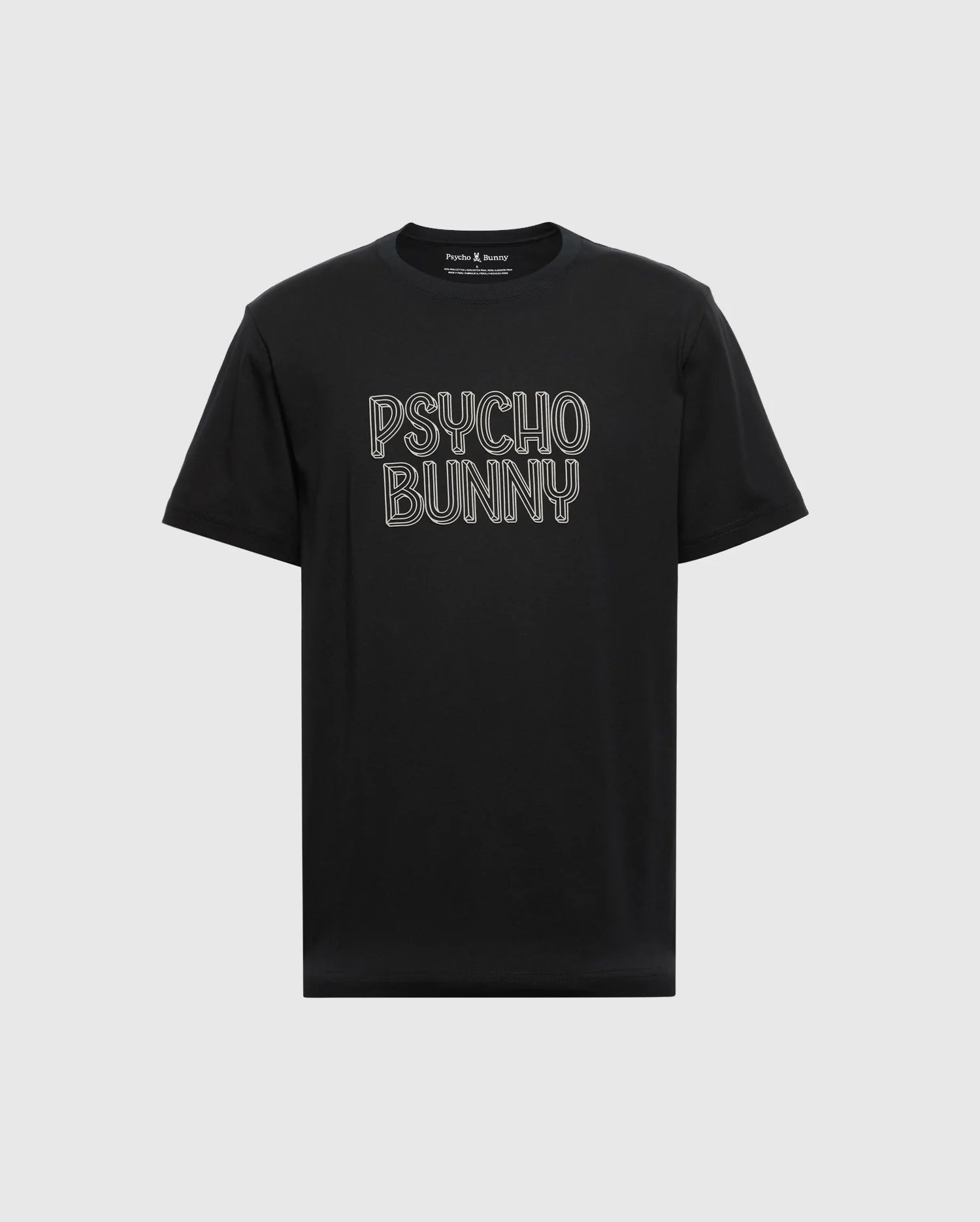 The MENS MONARC WORDMARK GRAPHIC TEE - B6U210E200 by Psycho Bunny is made from 100% Pima cotton for a luxurious touch. It presents "Psycho Bunny" in bold white letters on the front of this regular fit black t-shirt, elegantly set against a light gray background.