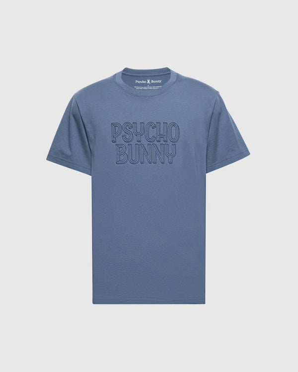 MENS MONARC WORDMARK GRAPHIC TEE - B6U210E200 in blue, featuring "Psycho Bunny" in large, stylized letters on the front. This tee offers a comfortable crew neckline and short sleeves.