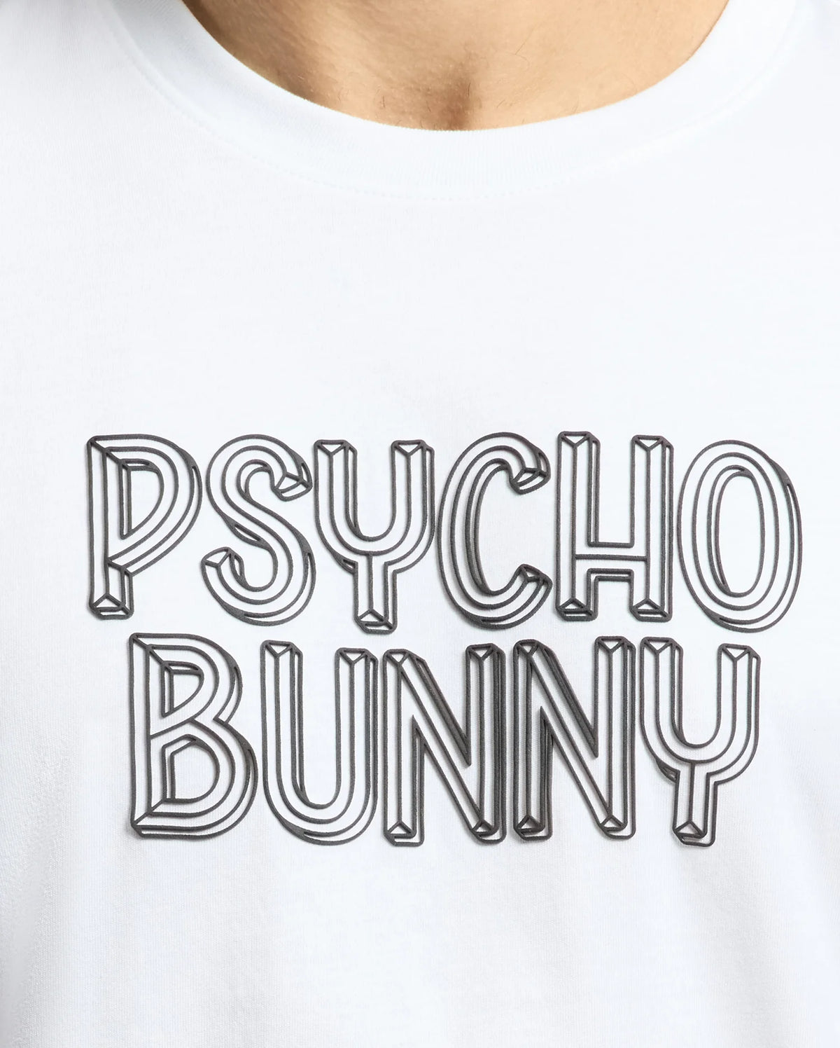 The Men's Monarc Wordmark Graphic Tee (B6U210E200) by Psycho Bunny is a white Pima cotton T-shirt with "Psycho Bunny" printed in bold, 3D letters. Made in Peru, it offers premium quality and unique style.