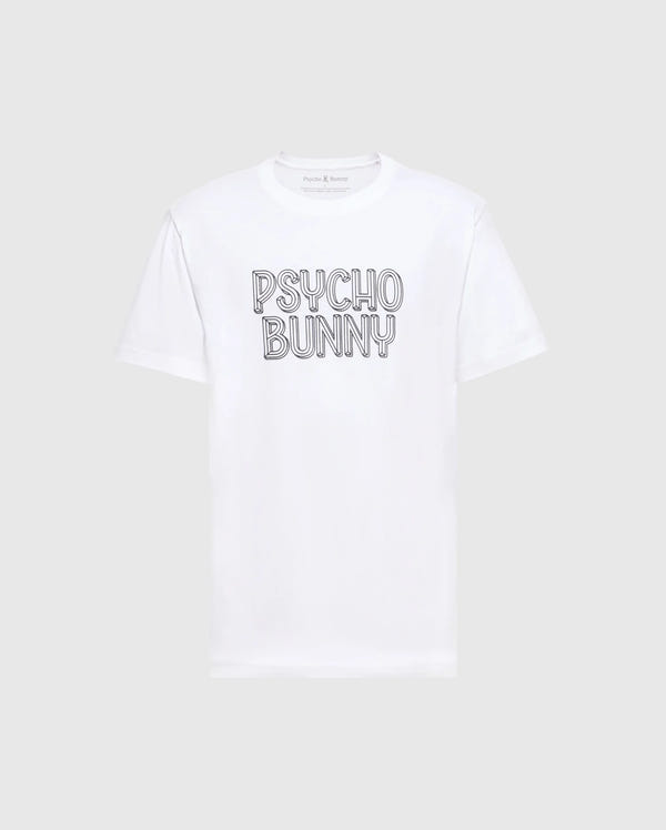 This Men's Monarc Wordmark Graphic Tee - B6U210E200 from Psycho Bunny is crafted from soft Pima cotton with "Psycho Bunny" boldly printed on the chest. The simple gray background highlights its clean design, showcasing quality Made in Peru craftsmanship.