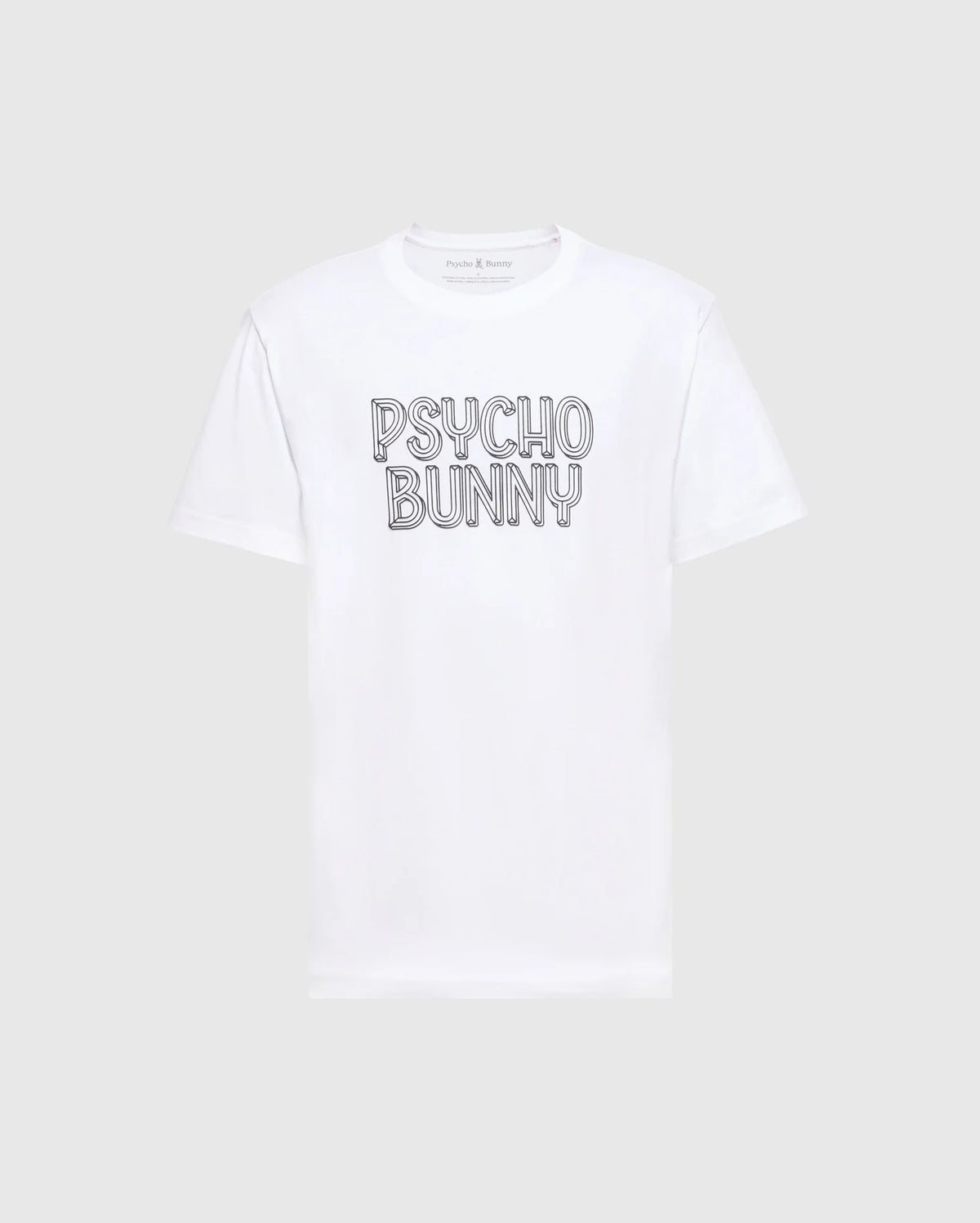 This Men's Monarc Wordmark Graphic Tee - B6U210E200 from Psycho Bunny is crafted from soft Pima cotton with "Psycho Bunny" boldly printed on the chest. The simple gray background highlights its clean design, showcasing quality Made in Peru craftsmanship.