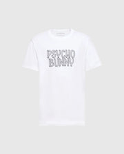 This Men's Monarc Wordmark Graphic Tee - B6U210E200 from Psycho Bunny is crafted from soft Pima cotton with "Psycho Bunny" boldly printed on the chest. The simple gray background highlights its clean design, showcasing quality Made in Peru craftsmanship.