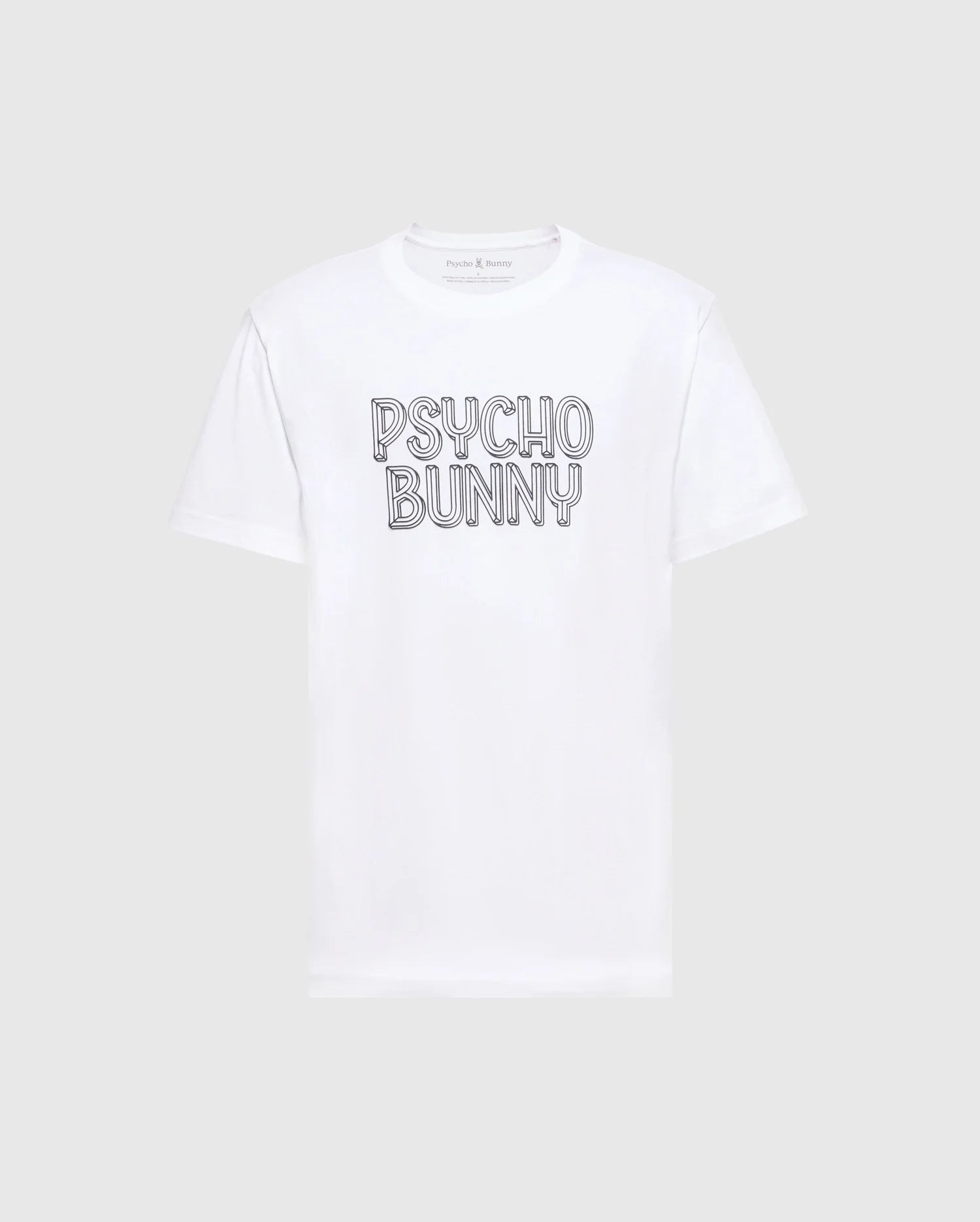 This Men's Monarc Wordmark Graphic Tee - B6U210E200 from Psycho Bunny is crafted from soft Pima cotton with "Psycho Bunny" boldly printed on the chest. The simple gray background highlights its clean design, showcasing quality Made in Peru craftsmanship.