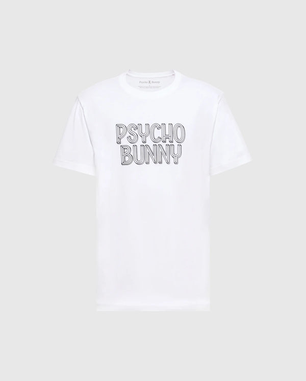 This Men's Monarc Wordmark Graphic Tee - B6U210E200 from Psycho Bunny is crafted from soft Pima cotton with "Psycho Bunny" boldly printed on the chest. The simple gray background highlights its clean design, showcasing quality Made in Peru craftsmanship.