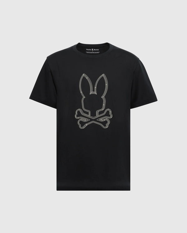 The Psycho Bunny Men's Monarc Front Bunny Graphic Tee - B6U211E200 is made from 100% Pima cotton and showcases a black T-shirt with a white outlined rabbit head above two crossed bones, giving it a skull-and-crossbones look. The rib-knit crewneck enhances durability and comfort in this bold design.