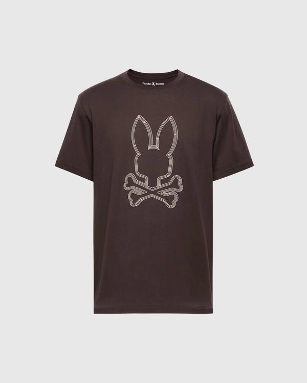 The Psycho Bunny MENS MONARC FRONT BUNNY GRAPHIC TEE - B6U211E200, crafted from premium Pima cotton, features a stylized rabbit's head above crossed bones in raised print on a plain background.