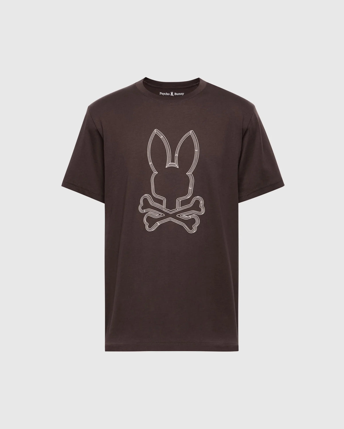 The Psycho Bunny MENS MONARC FRONT BUNNY GRAPHIC TEE - B6U211E200, crafted from premium Pima cotton, features a stylized rabbit's head above crossed bones in raised print on a plain background.