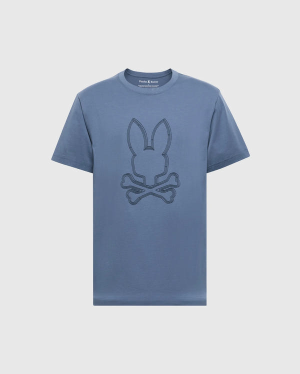The Psycho Bunny MENS MONARC FRONT BUNNY GRAPHIC TEE - B6U211E200 is a blue Pima cotton T-shirt featuring a minimalist rabbit head design above crossed bones in a darker hue, embodying simplicity and casual style ideal for everyday wear.