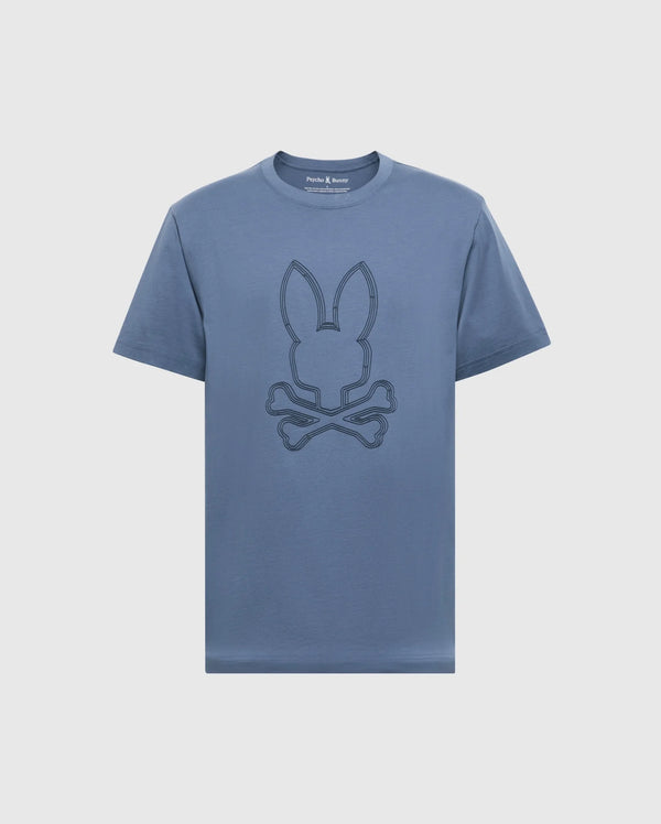 The Psycho Bunny MENS MONARC FRONT BUNNY GRAPHIC TEE - B6U211E200 is a blue Pima cotton T-shirt featuring a minimalist rabbit head design above crossed bones in a darker hue, embodying simplicity and casual style ideal for everyday wear.