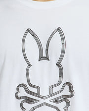 This close-up showcases the Mens Monarc Front Bunny Graphic Tee (B6U211E200) from Psycho Bunny. Made in Peru using 100% Pima cotton, this tee features an abstract bunny with ears outlined in black lines set above a skull and crossbones motif, offering an avant-garde twist to your style.