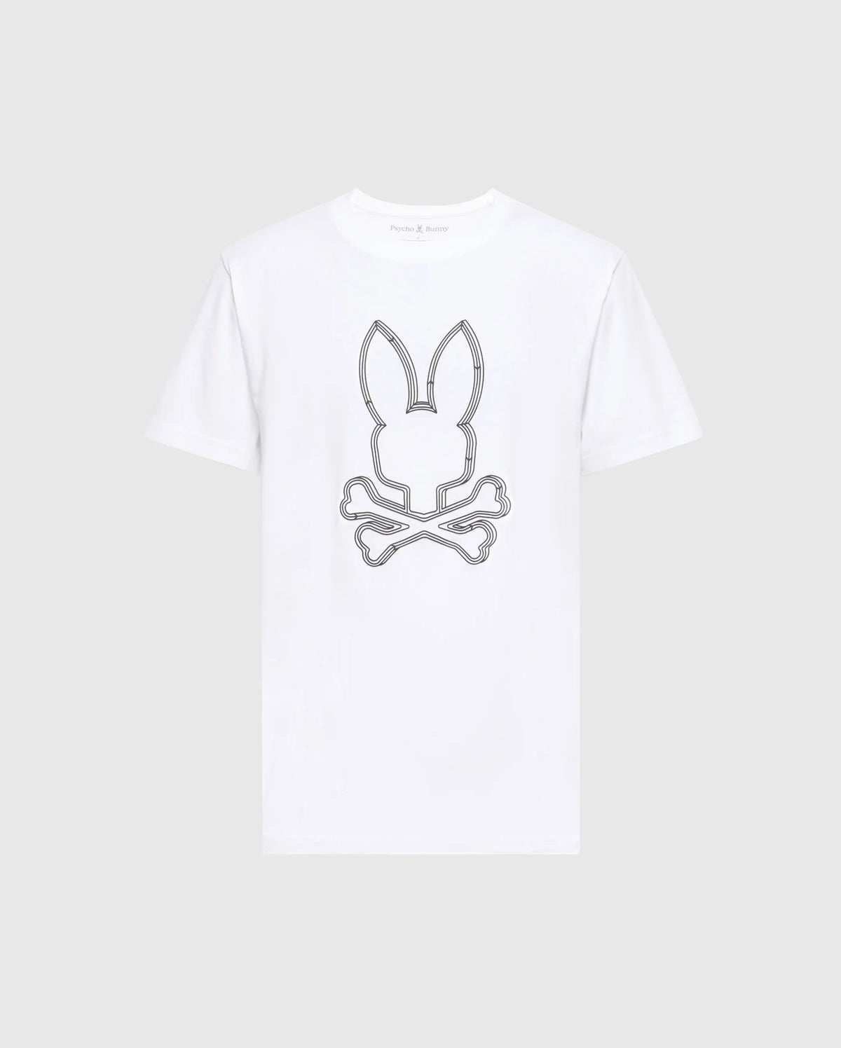 This Psycho Bunny graphic tee, known as the MENS MONARC FRONT BUNNY GRAPHIC TEE - B6U211E200, is crafted in Peru from 100% Pima cotton and showcases a striking design of a bunny with elongated ears atop crossed bones, reminiscent of a skull and crossbones motif. The black outline stands out beautifully against the plain white fabric.