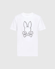 This Psycho Bunny graphic tee, known as the MENS MONARC FRONT BUNNY GRAPHIC TEE - B6U211E200, is crafted in Peru from 100% Pima cotton and showcases a striking design of a bunny with elongated ears atop crossed bones, reminiscent of a skull and crossbones motif. The black outline stands out beautifully against the plain white fabric.