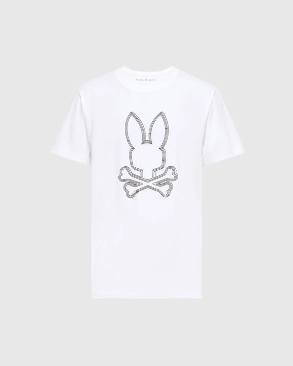 This Psycho Bunny graphic tee, known as the MENS MONARC FRONT BUNNY GRAPHIC TEE - B6U211E200, is crafted in Peru from 100% Pima cotton and showcases a striking design of a bunny with elongated ears atop crossed bones, reminiscent of a skull and crossbones motif. The black outline stands out beautifully against the plain white fabric.