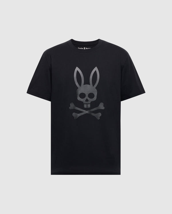 Psycho Bunny’s MENS PAYSON LEATHER PRINT GRAPHIC TEE - B6U213E200 is a black Pima cotton jersey tee with a silver skull featuring bunny ears and crossbones design on the front.